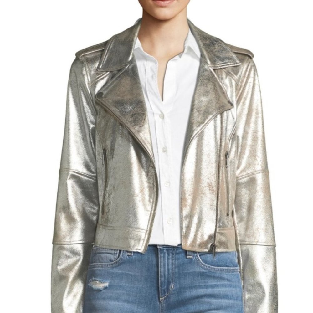 cupcakes & cashmere Metallic Silver Leather Moto Jacket